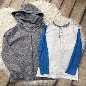 Gray Hoodie and White Shirt with Blue Sleeves